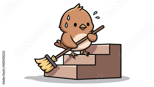 Sweaty cartoon bird cleaning stairs with broom, cute vector illustration for design projects,