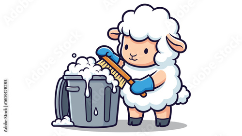 Cute Sheep Character Cleaning with Brush and Bucket of Soap Cartoon Illustration