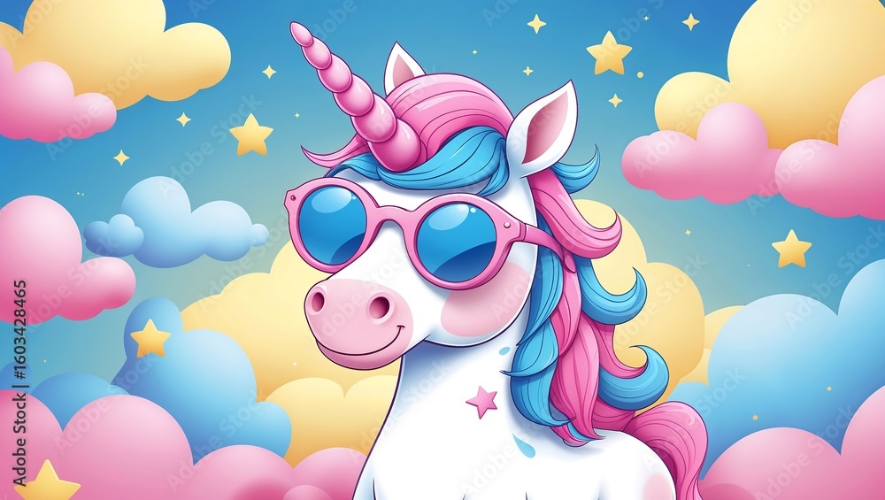 Fototapeta premium Adorable Unicorn Wearing Sunglasses with Colorful Clouds and Stars Illustration