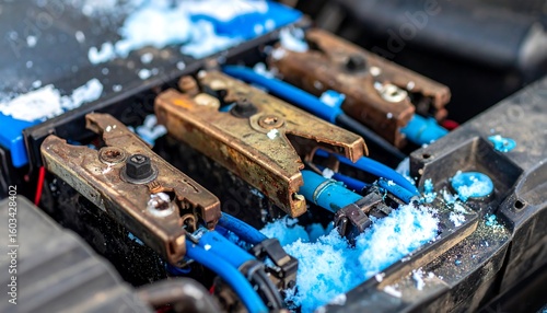 Close-up of corroded battery terminals