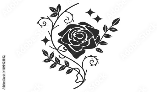 Elegant black silhouette of a blooming rose with thorny vines and celestial stars