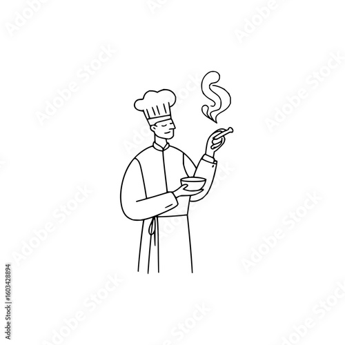 Chef in uniform holding a bowl and smoking pipe with smoke in a black and white line drawing style