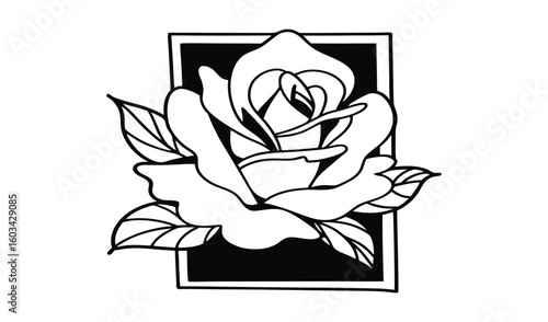 Classic black and white illustration of a blooming rose enclosed within a rectangular frame