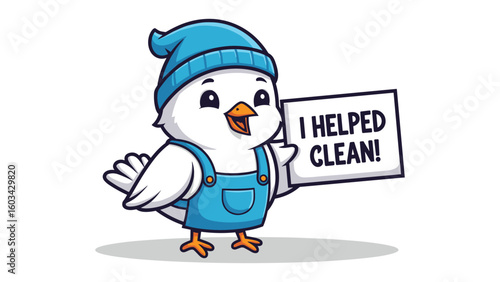 Cute Bird Cartoon Character with Cleaning Sign for Children's Illustration Project