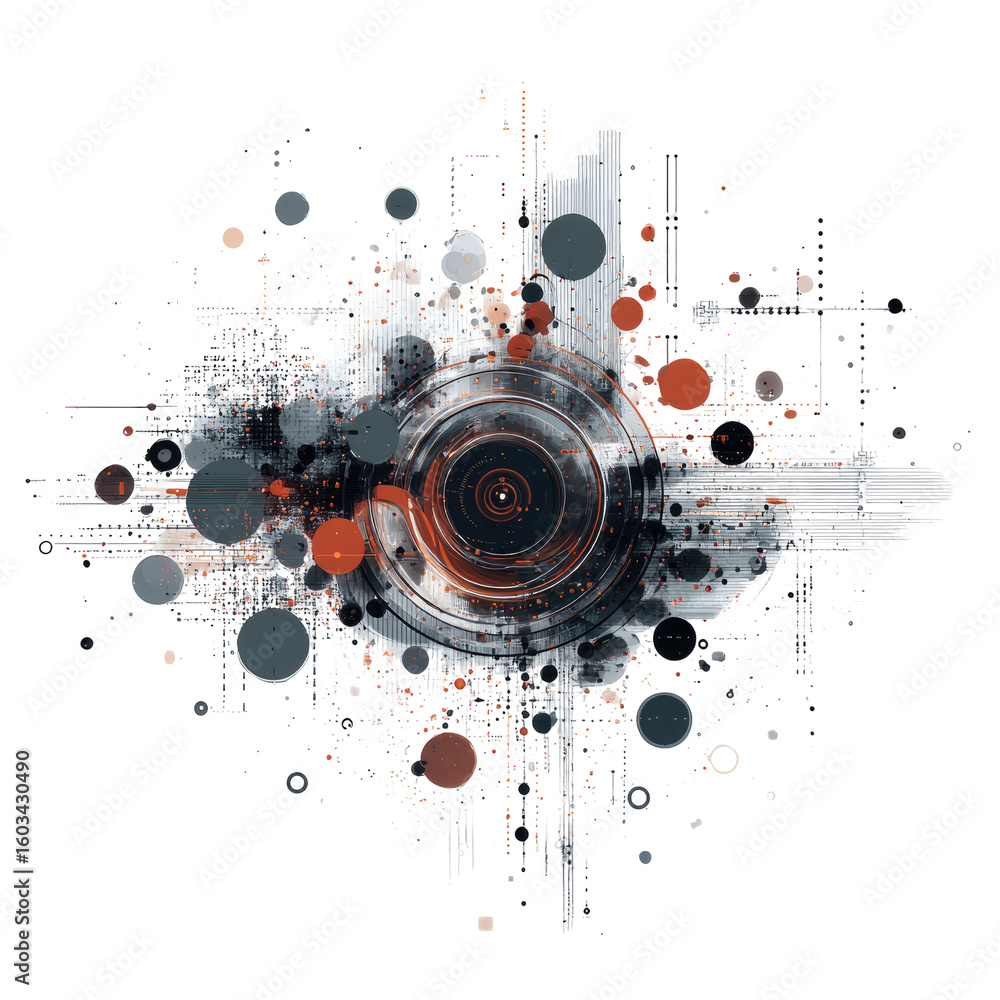 Obraz premium Abstract digital art, circular design with lens, splatters and brushstrokes