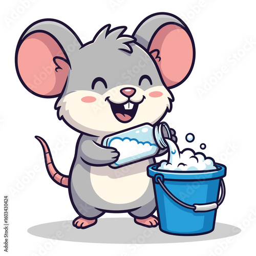 Cute Cartoon Mouse Pouring Liquid from Bottle into Bucket Vector Illustration