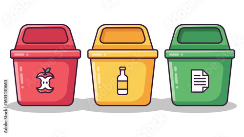 Colorful cartoon trash cans for recycling waste separation infographic vector illustration