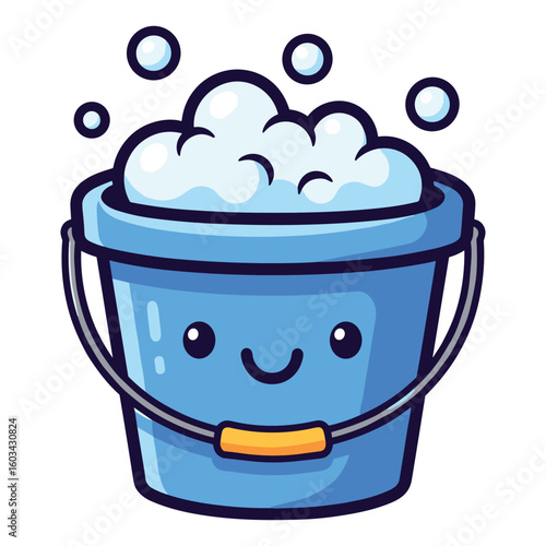 Cute blue bucket with soapy bubbles cartoon vector illustration for cleaning concept
