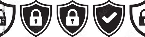 Black and white shields with locks and checkmark security