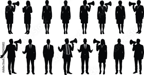 Business professionals with megaphones, communication and leadership, teamwork strategy, corporate marketing, silhouette concept, men and women, office attire