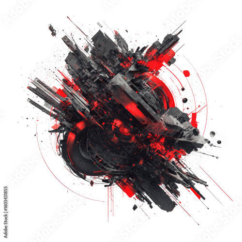 Abstract digital art, a swirling vortex of dark gray and red fragmented shapes, with radiating lines and bursts of color