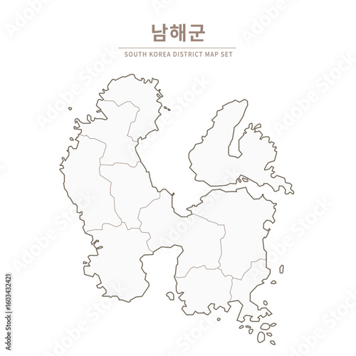 Namhae-gun Line Map. Illustration of Local Cities in Gyeongsang-do, South Korea