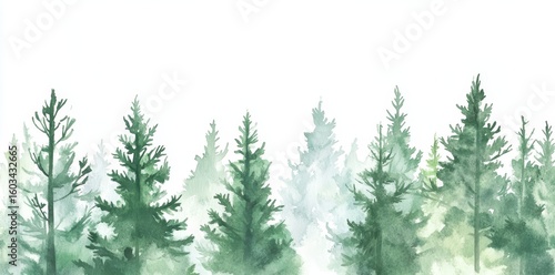 The modern watercolor illustration features Christmas trees standing tall in a forest filled with fir trees, pine trees, and spruce trees, all rendered in a beautiful ink painting style with