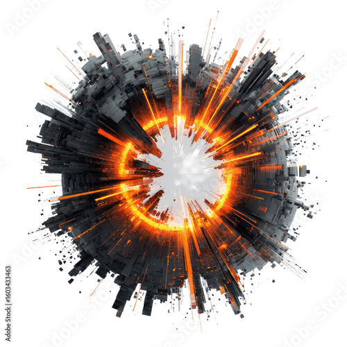 Abstract sphere exploding outwards, city-like structures