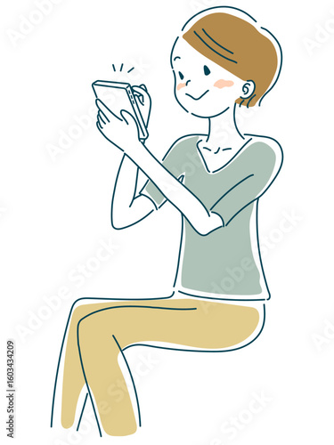 スマホ操作する女性のベクターイラスト