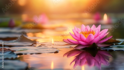 Surrounded by sunlight and water droplets, a pink lotus flower blooms serenely in a pond