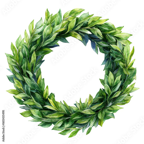 Lush green wreath made of vibrant leaves, symbolizing nature and renewal, ideal for seasonal decor