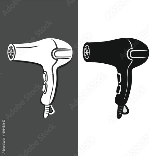 Hair dryer silhouette vector illustration of styling tool for hair care and beauty salon equipment icon set design