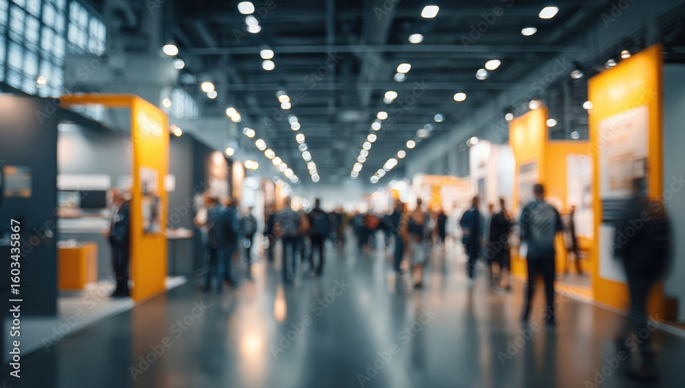 Fototapeta premium A bustling convention hall filled with attendees exploring exhibits under bright lighting creates a sense of excitement and opportunity.