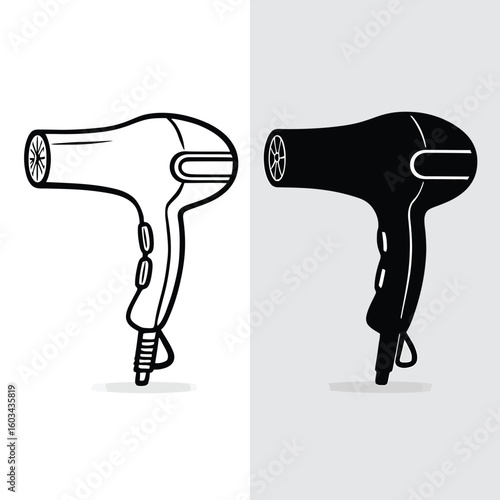 Hair dryer silhouette vector illustration black and white isolated on background beauty salon equipment icon