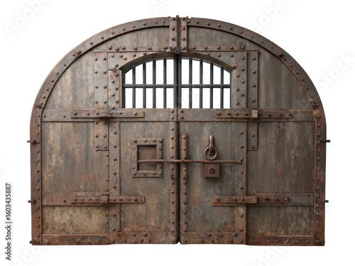 Heavy rusty metal prison door with archway and bars isolated on transparent background