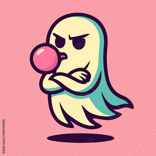 A funky ghost blows bubble gum with arms crossed and a spooky-cool smirk, standing against a bold pink background.
