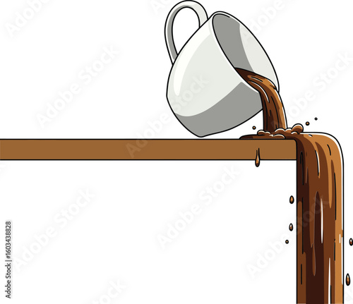 Coffee cup pouring liquid spill over edge vector illustration in simple style 