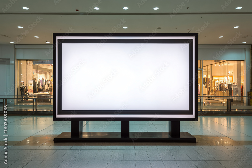 Fototapeta premium Blank illuminated billboard in modern indoor shopping center