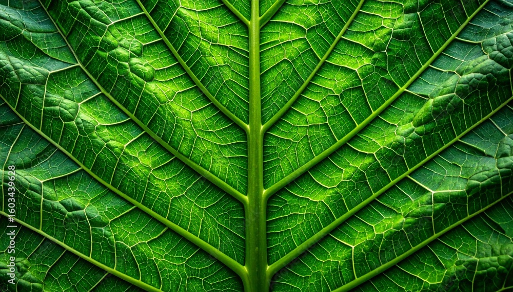 Fototapeta premium Detailed texture of a deep green, exotic, tropical jungle leaf with prominent dark veins, showcasing natural macro details. Gunnera tinctoria, also known as Giant Rhubarb. High quality. 