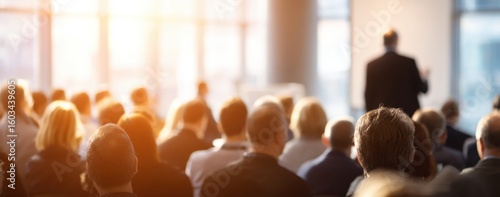 A diverse audience attentively listens to a speaker during a conference bathed in warm sunlight creating an atmosphere of learning and engagement.
