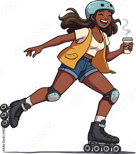 Young woman roller skating with coffee cup casual active lifestyle outdoor recreation 
