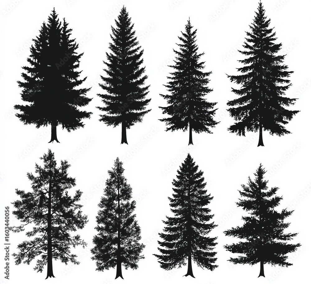 Obraz premium Natural badges featuring modern illustrations of abstract tree drawings with black silhouettes of coniferous pine, spruce, cedar, and plant leaves are used for outdoor travel tops