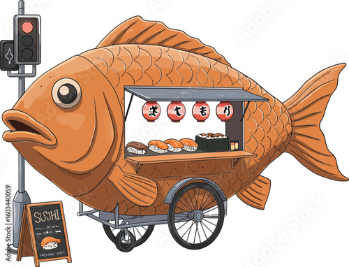 Fish-shaped street food cart with sushi and traffic light in urban setting vector illustration 