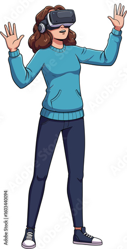 Woman wearing virtual reality headset experiencing immersive digital environment in casual clothing vector illustration 