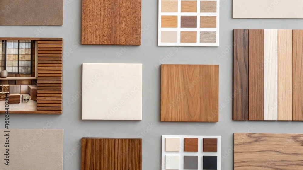 Fototapeta premium Top-down view of a designer's workspace featuring a collection of material samples including light and dark wood, fabric, and color palettes, alongside a blank clipboard, ideal for mood boards or plan