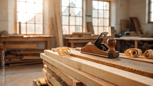 A traditional wooden hand plane rests on a stack of freshly milled timber planks, surrounded by delicate wood shavings, set within a sunlit woodworking shop, conveying craftsmanship