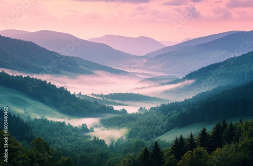 Fototapeta Naklejka Na Ścianę i Meble -  Misty mountains of Poland with a forest landscape in the morning