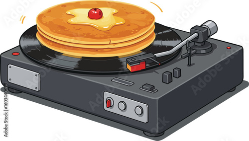 Pancake on vintage turntable vinyl record player with cherry and syrup vector illustration
