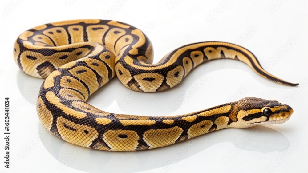 Fototapeta premium Top-down view of a beautiful captive-bred Ball Python, displaying its characteristic intricate markings and graceful coil, isolated on a bright white background