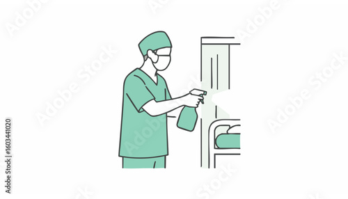 Healthcare worker in a face mask and scrubs sanitizing a hospital room. An illustration representing hygiene and infection prevention.