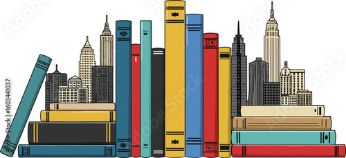 Bookshelf with colorful books and New York City skyline illustration in urban design vector