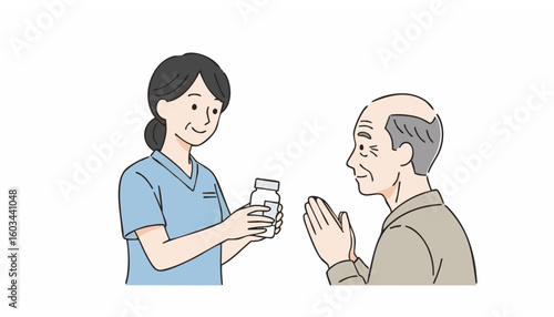 Caring nurse offers medication to an elderly man with gratitude and respect in a medical setting illustration