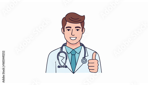 Young male doctor with a stethoscope giving a thumbs-up gesture. Concept for good health news and medical approval.