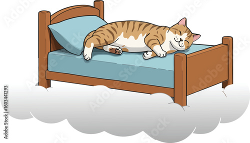 Sleeping cat resting peacefully on a wooden bed with blue mattress and pillow in cozy environment vector illustration 