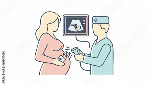 Doctor performing a prenatal ultrasound scan on a pregnant woman. Medical examination for fetal development in a clinic.