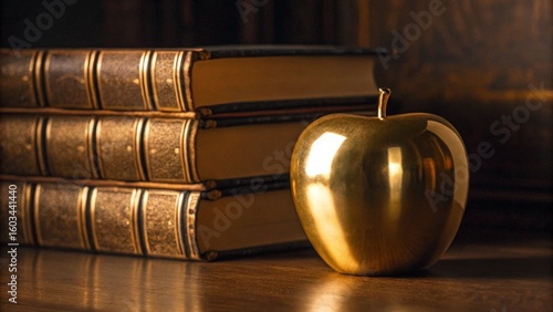 This elegant still life features a stack of old books with gleaming golden accents and a polished golden apple, creating a timeless representation of knowledge, wealth, and classical learning