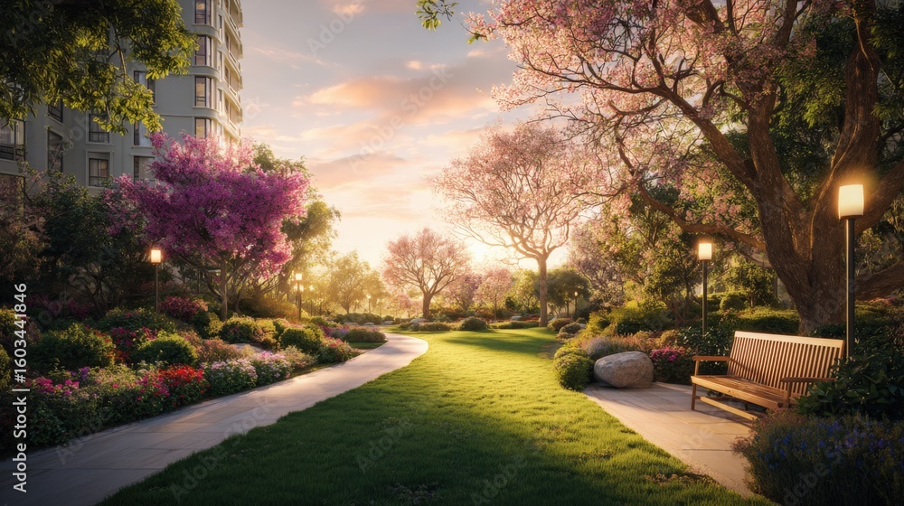Fototapeta premium Serene scenic park pathway with lush green grass vibrant flowers colorful trees sunset warm glow peaceful outdoor nature setting