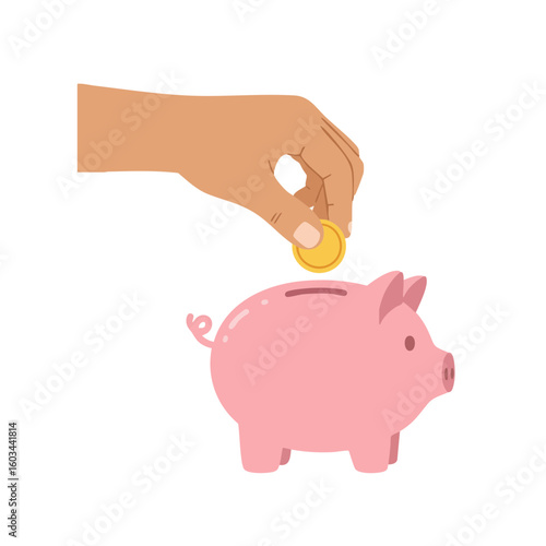 Vector illustration of hand putting coin into piggy bank flat style on white background, money saving concept