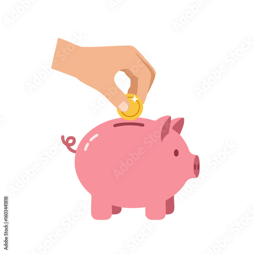 Vector illustration of hand putting coin into piggy bank flat style on white background, money saving concept