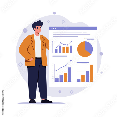 Vector illustration of person holding client chart on white background